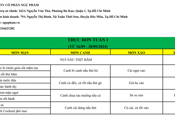 DANH MỤC TUẦN LỄ THỰC ĐƠN